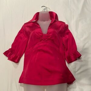 HOT PINK V-NECK BLOUSE KNOT TIE DETAIL